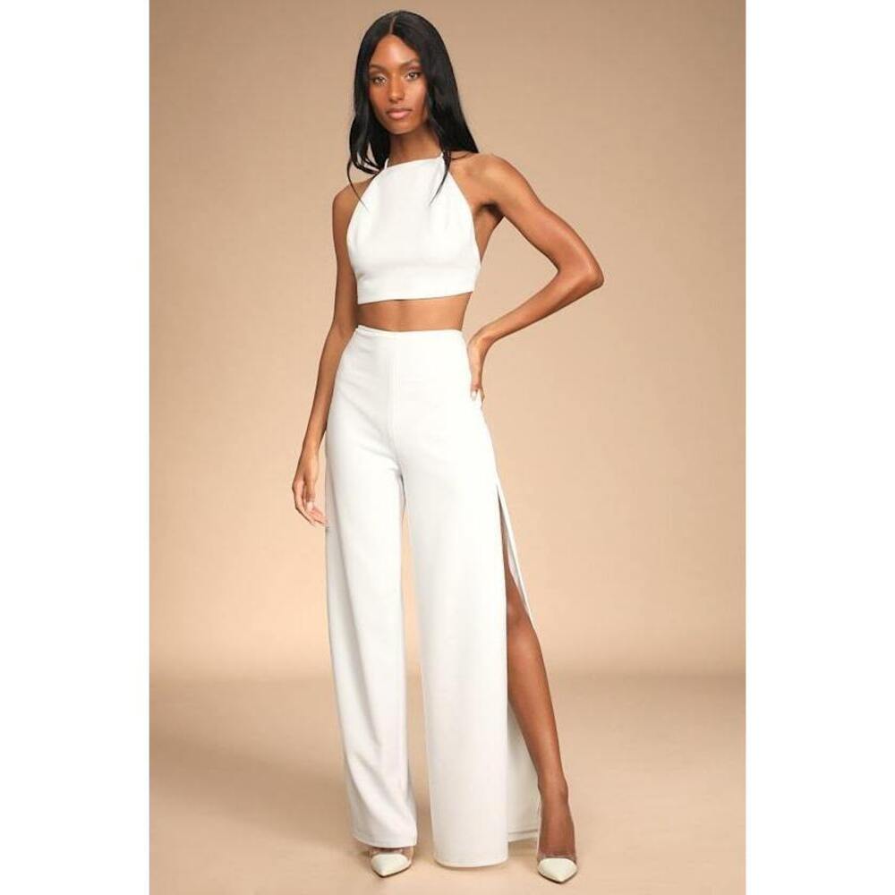 (NWT) LULUS • Poised Perfection Ivory Tie-back Wide-leg Two-piece Jumpsuit White